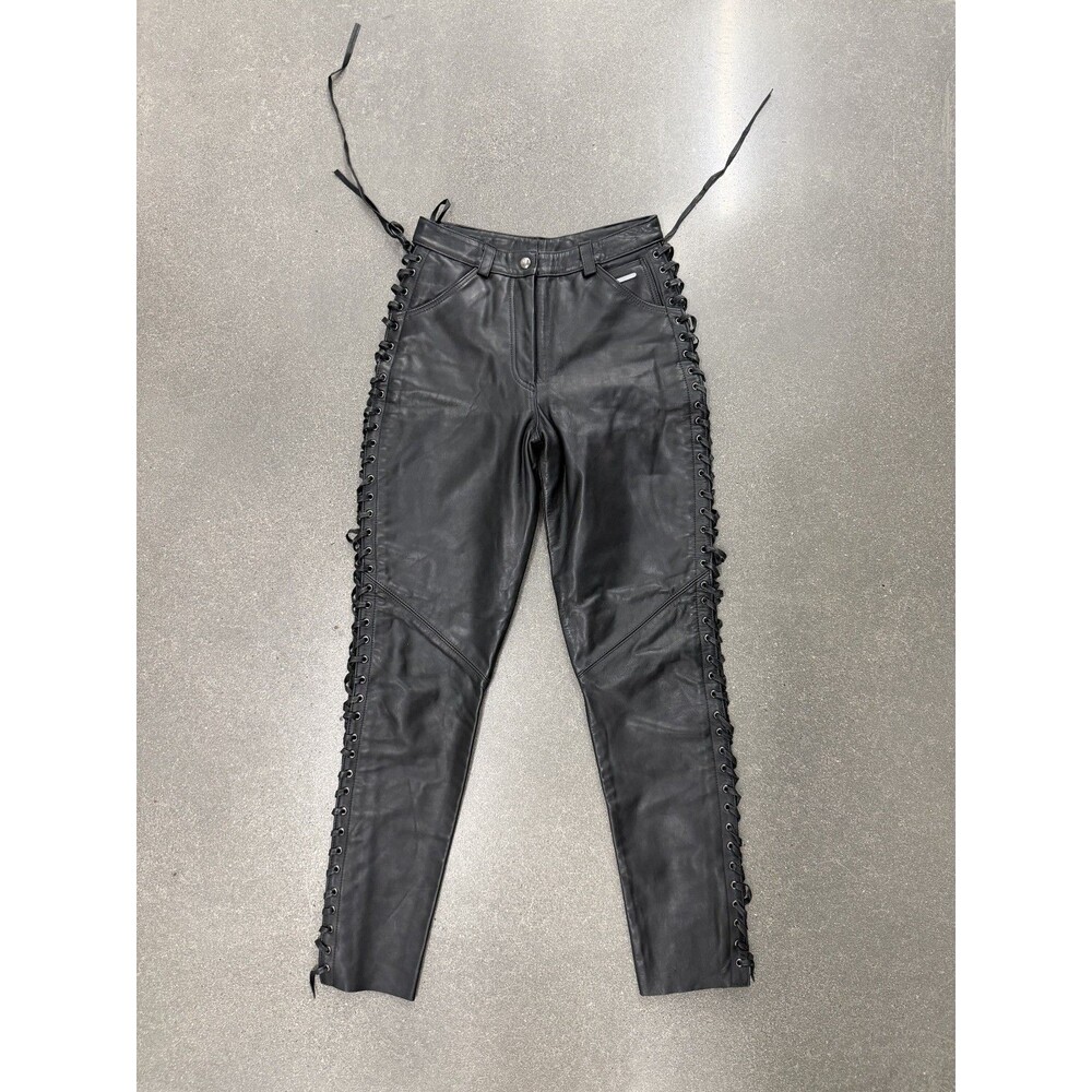 Vintage Black Leather Side Lace Up Motorcycle Pants Size 4 Biker Moto Rocker